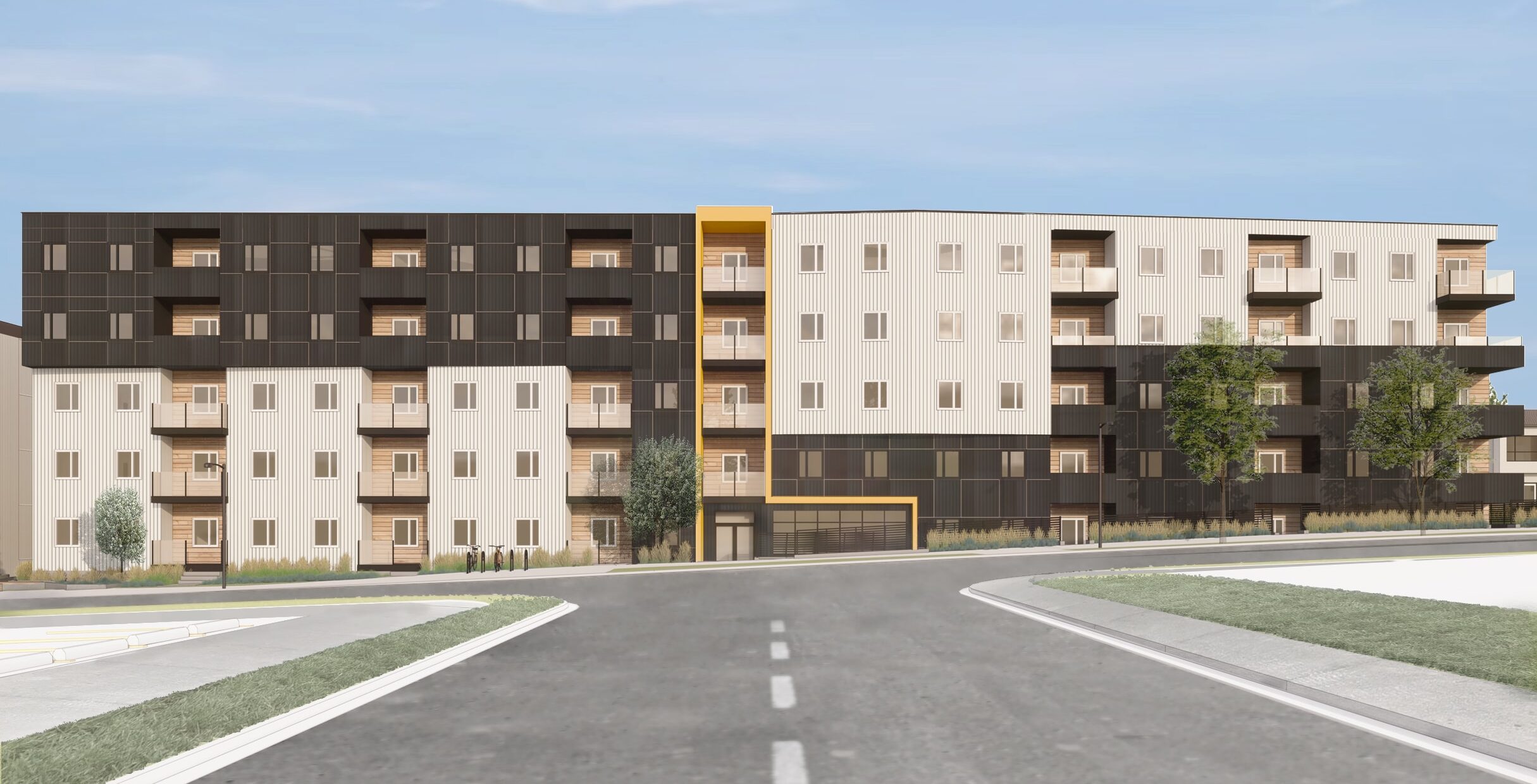 Mid-rise architectural rendering, wide angle street view of black and white building