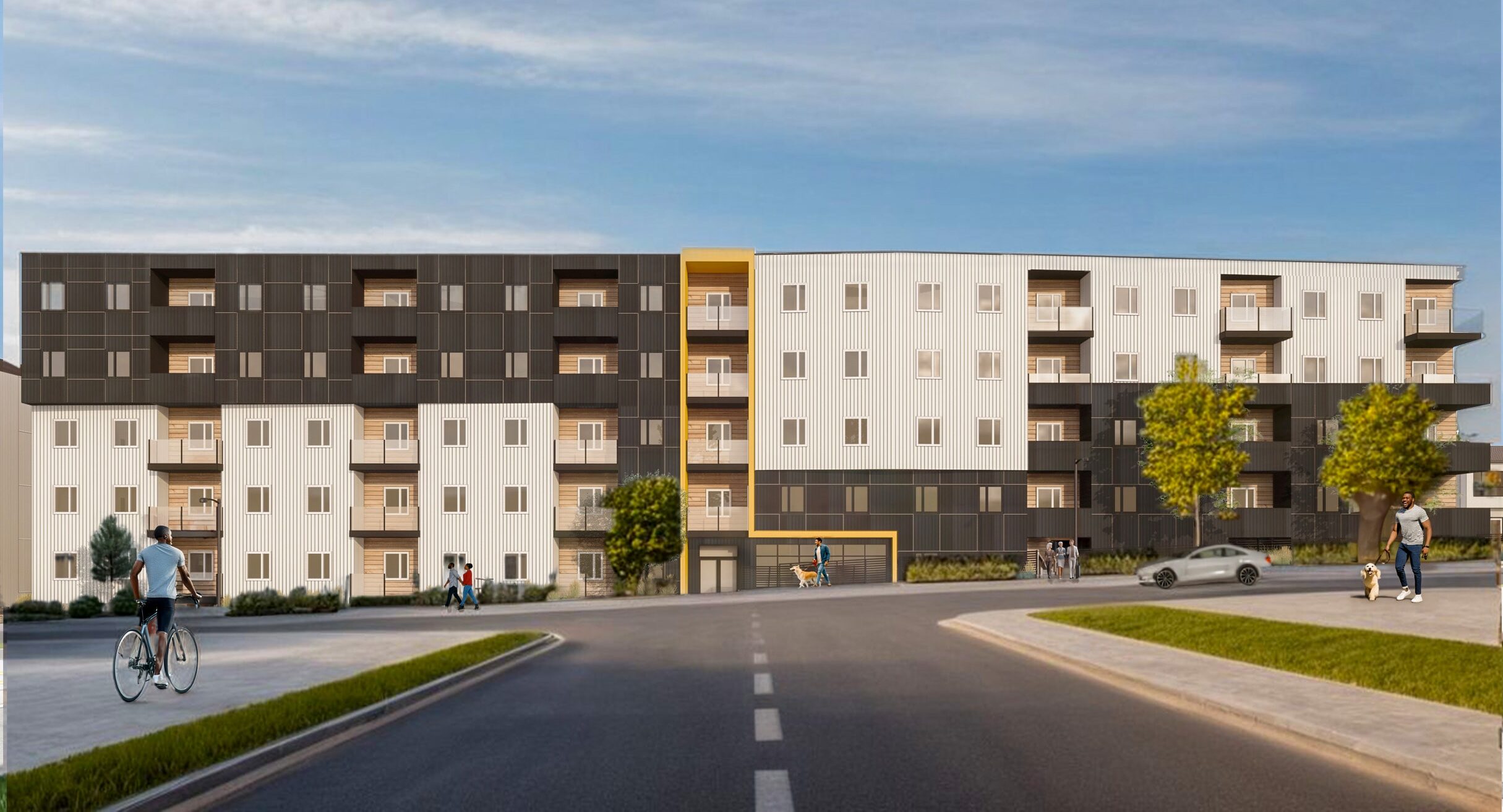 Mid-rise architectural building rendering, wide angle shot street view