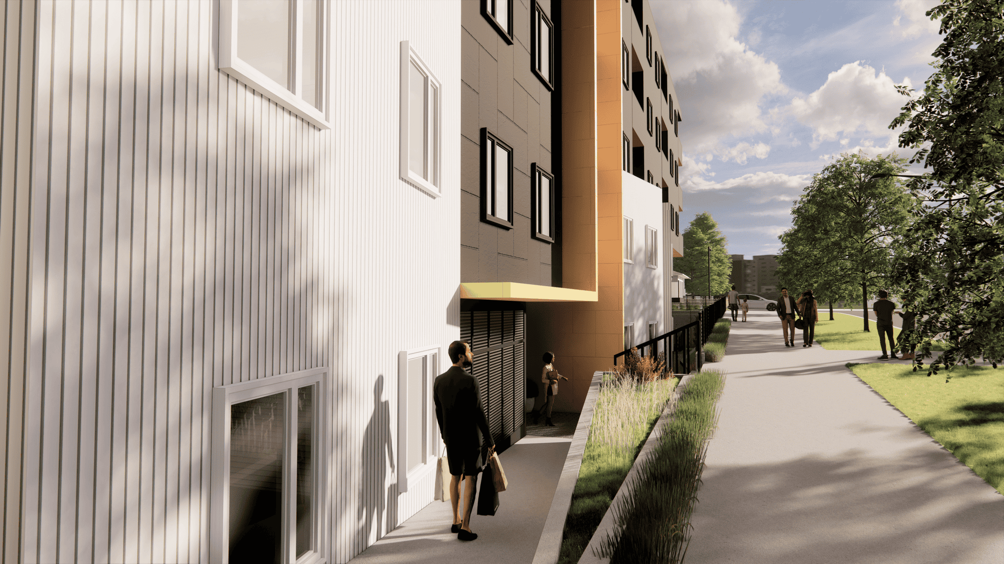 Mid-rise architectural rendering, streetview with man walking down a ramp holding shopping bags