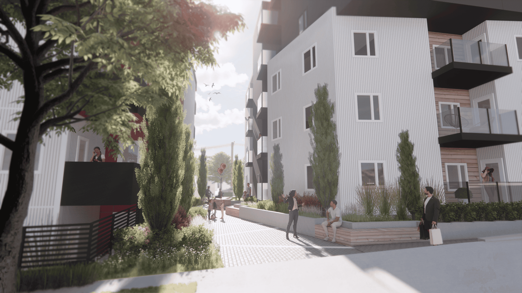 Mid-rise architectural rendering, sunrise street view, white building side with tree lined streets