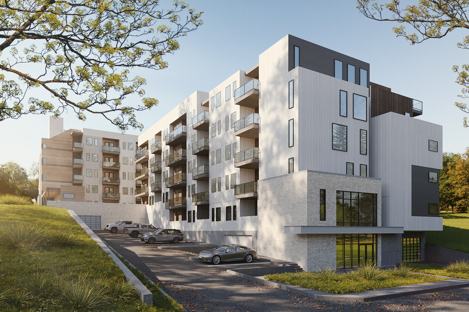 Mid-rise architectural rendering, grey building with patio units, bac of building with parking