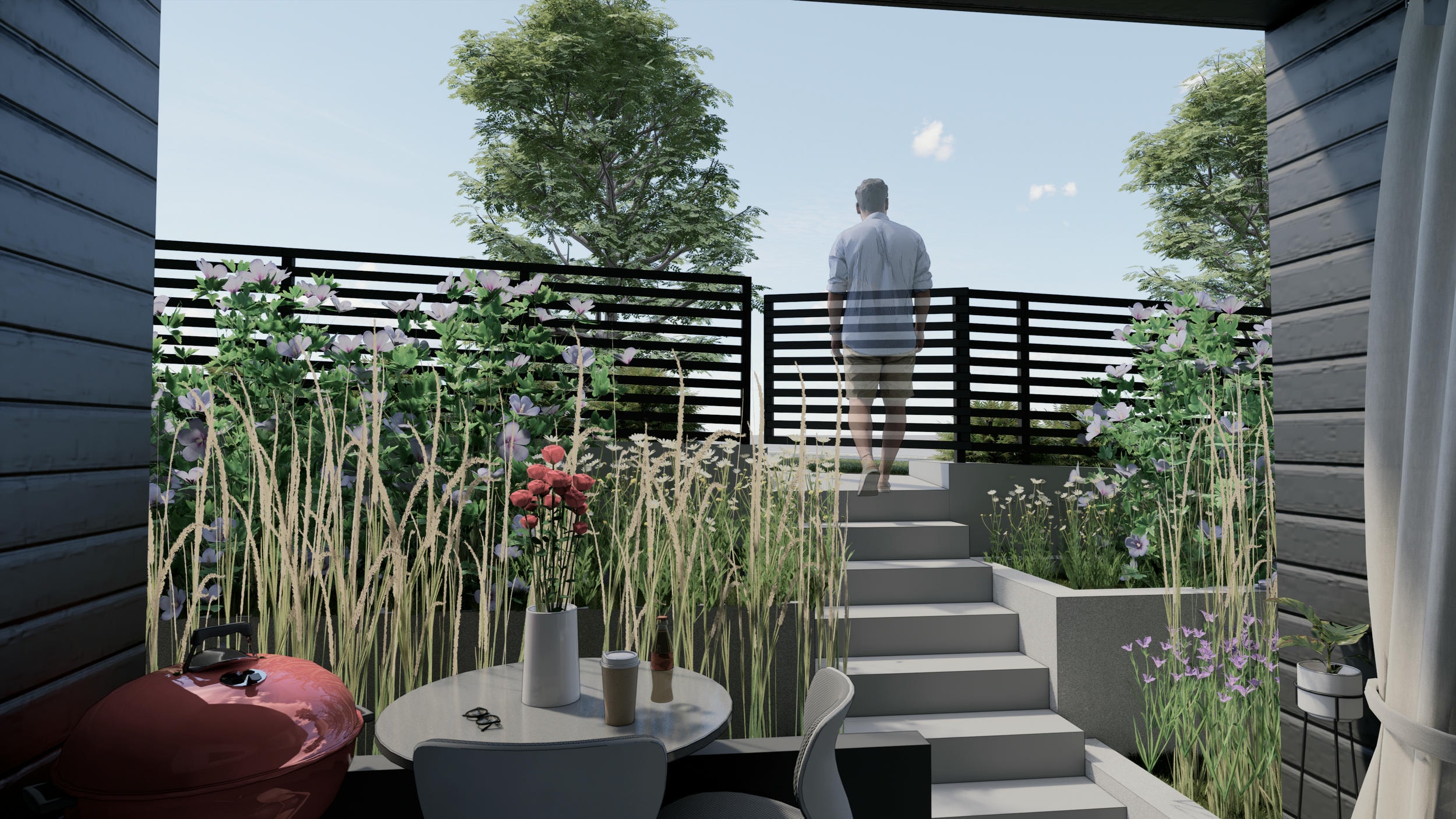 Mid-rise architectural rendering, basement patio lookout, person walking up cement stairs