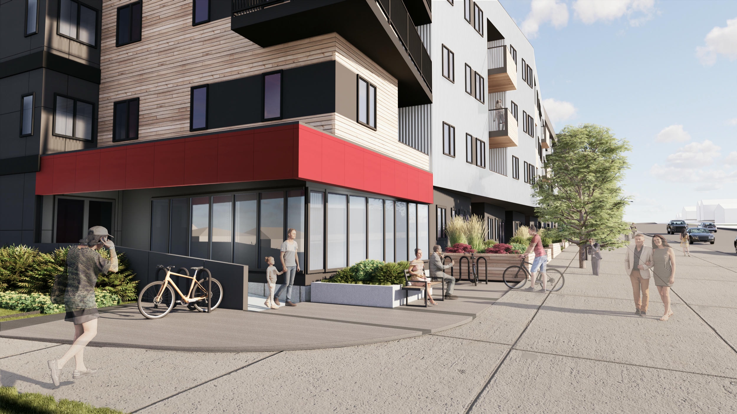 Mid-rise architectural rendering, streetview, red commercial trimming, people walking