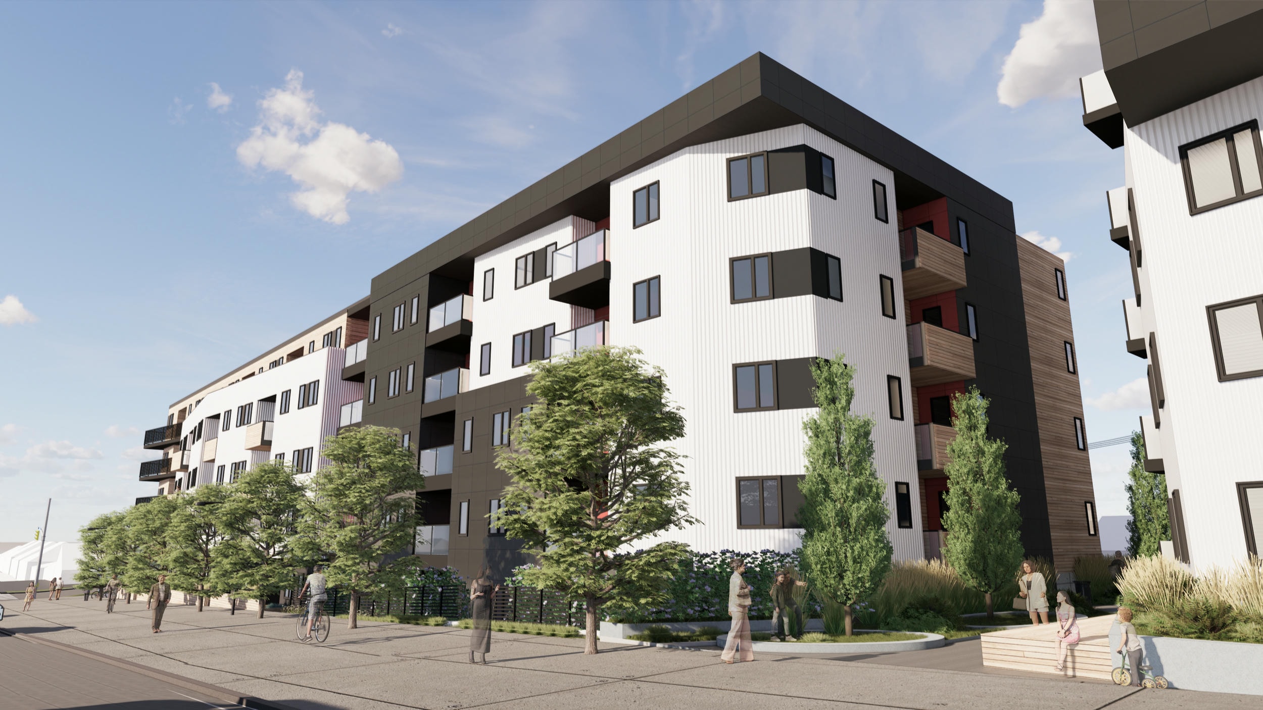 Mid-rise architectural rendering SW street view close-up shot of white siding with black trim