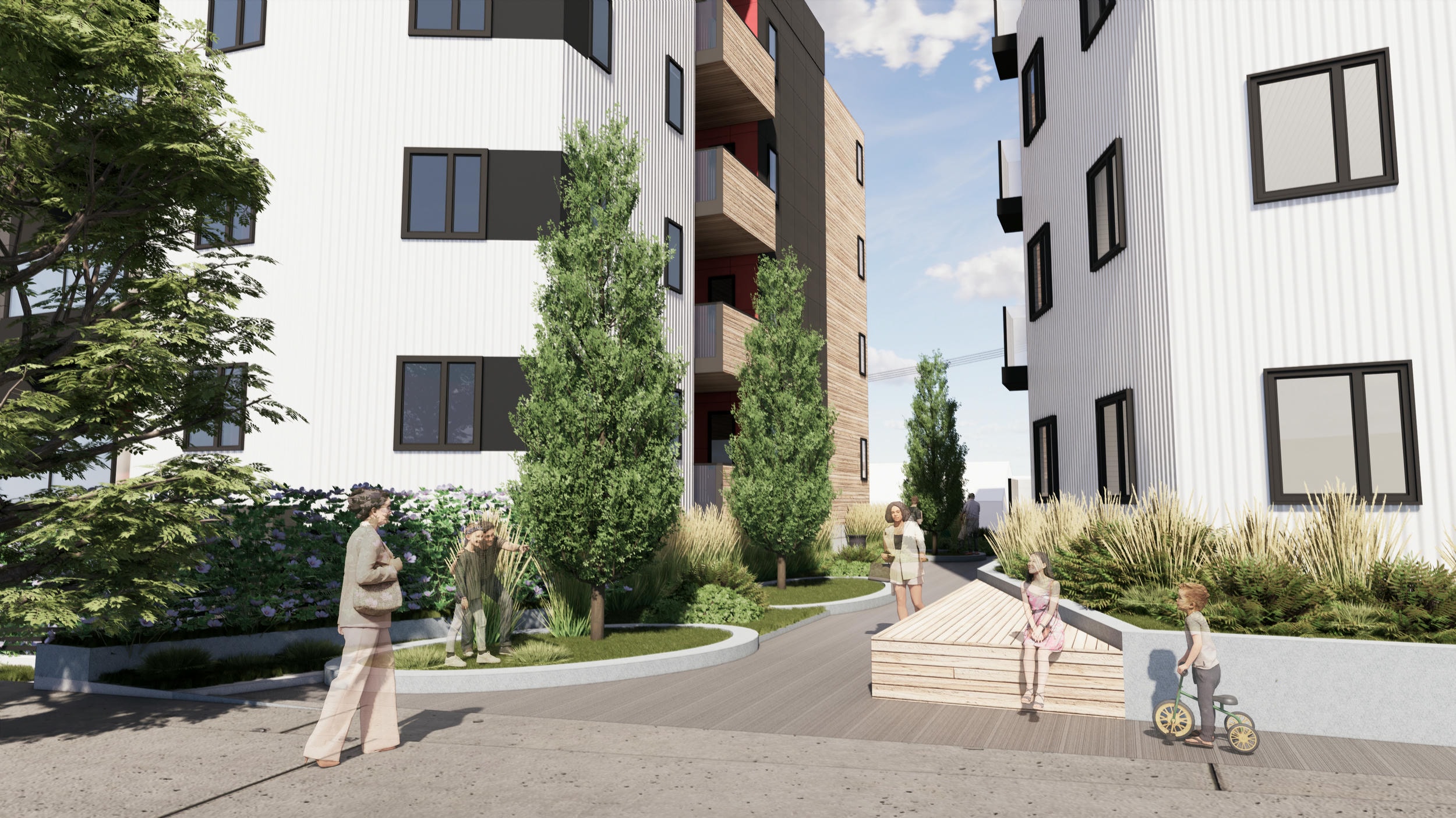 Mid-rise architectural rendering streetview with pedestrian walkway and people sitting/biking