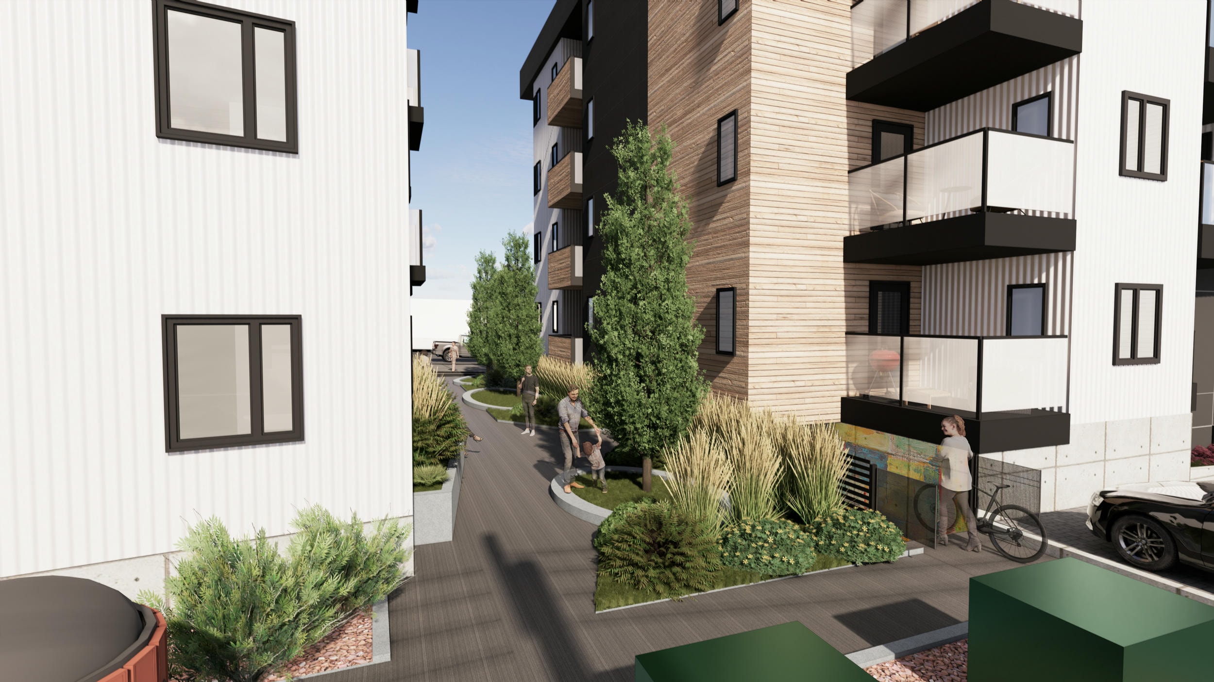 Mid-rise architectural rendering, wooden slat wall, patio balconies, glass windows, pedestrian walking pathway