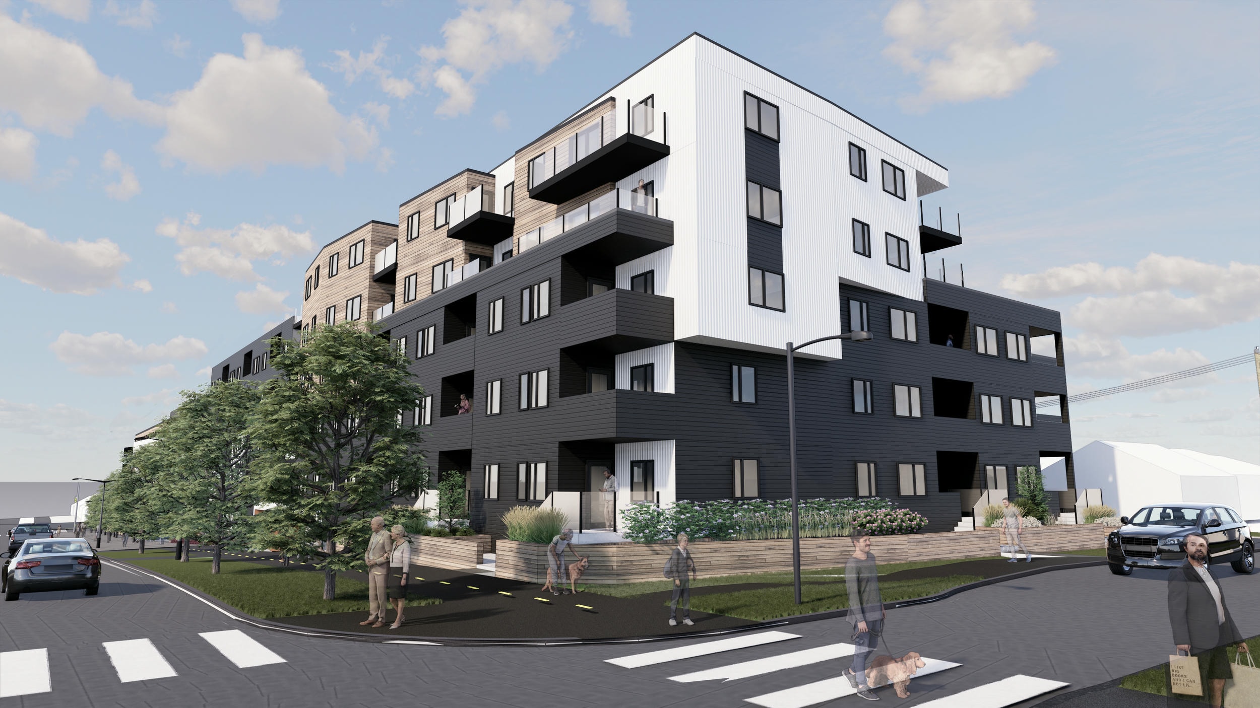 Mid-rise architectural rendering of SW street view, wide angle shot of white side with black trim