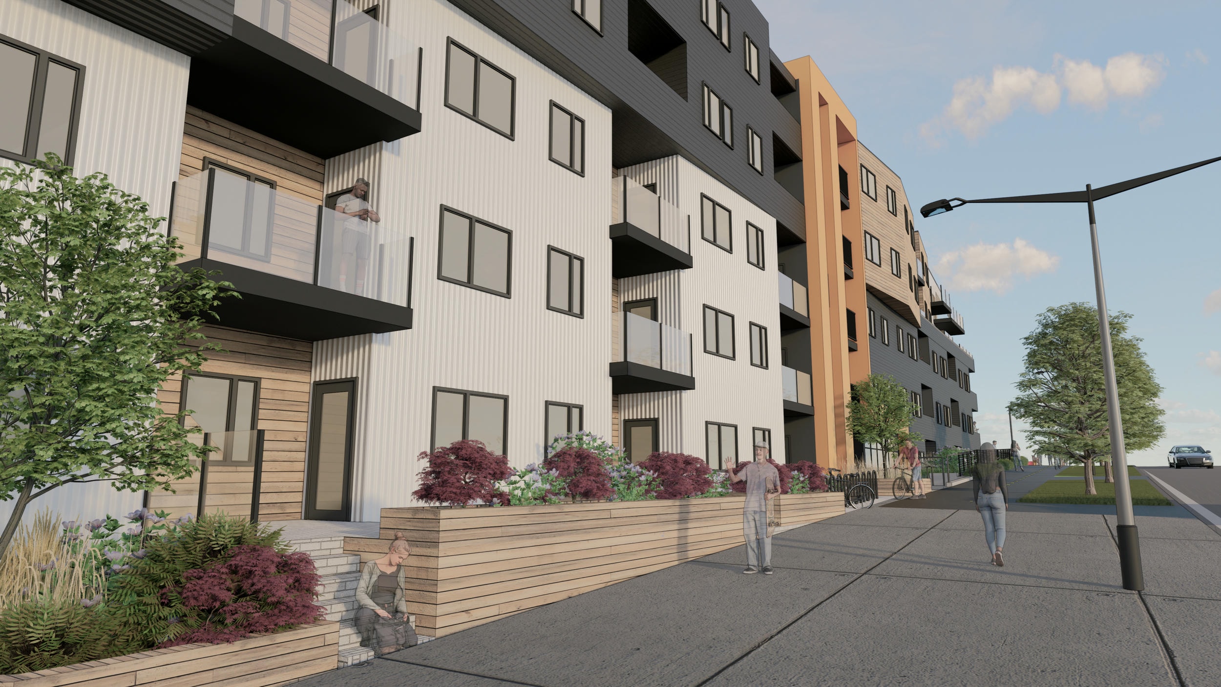 Mid-rise architectural rendering, streetview, wood panel fencing, glass patio, people walking